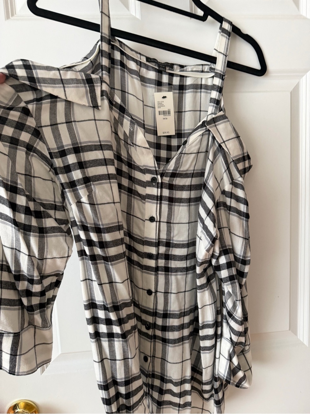 Lane Bryant Black & White Plaid Cold-Shoulder Button-Down Shirt